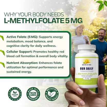 Our Daily Vites L-Methylfolate 5mg – Active 5-MTHF Methylated Folate Supplement for Women and Men – 90 Capsules