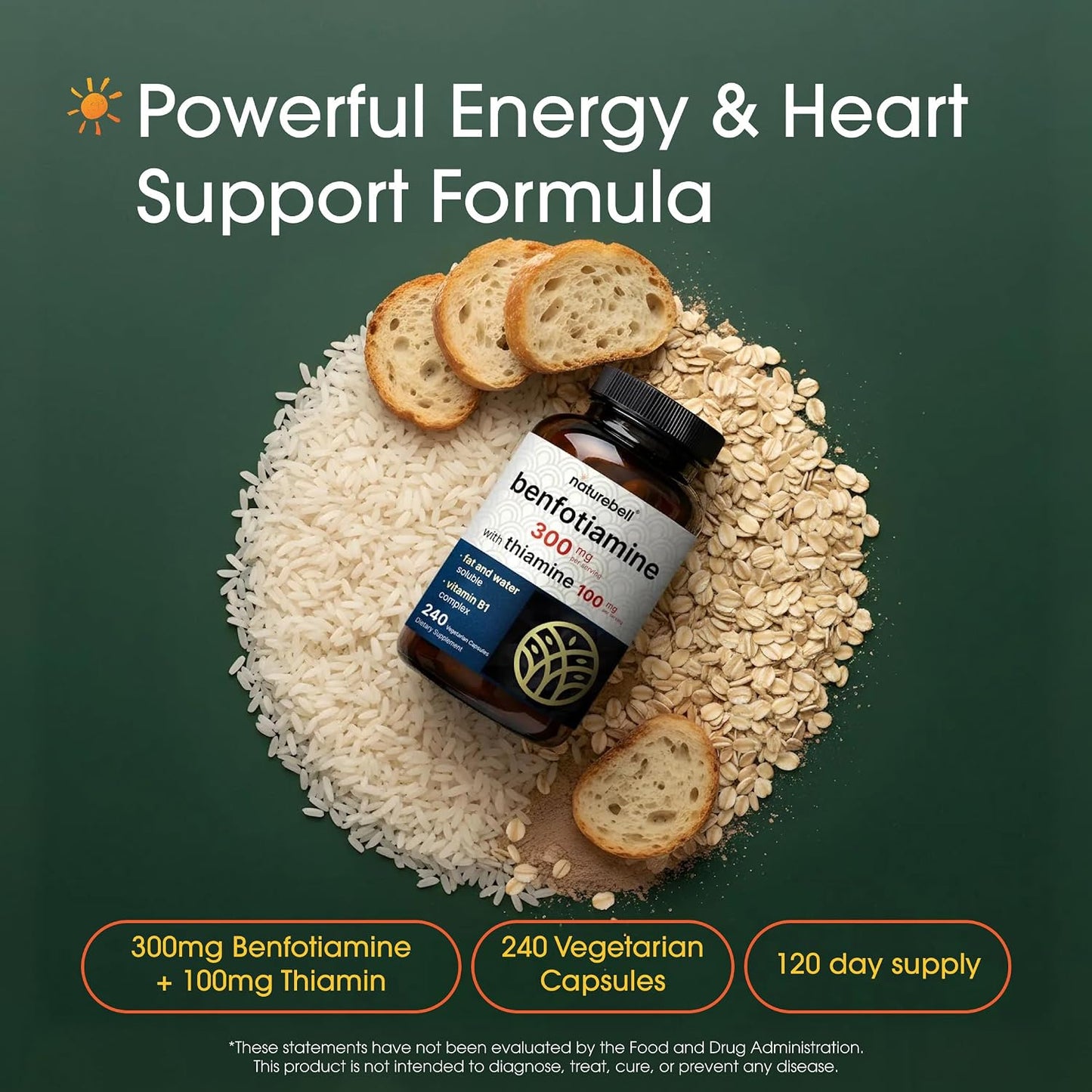 NatureBell Benfotiamine with Thiamine - 240 Vegetarian Capsules - 300mg Benfotiamine & 100mg Thiamine - Vitamin B1 Complex - görsel 2