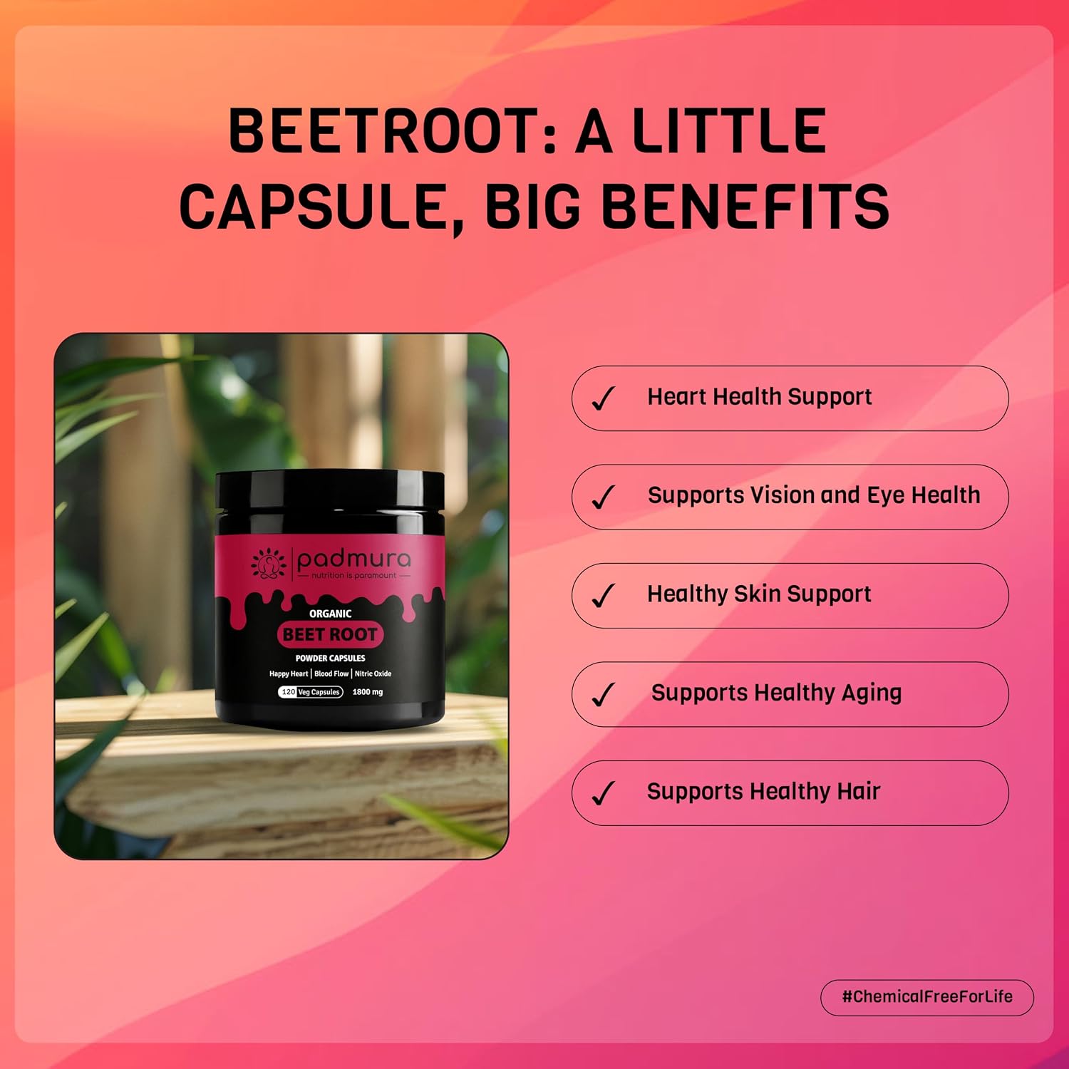 PADMURA Organic Beet Root Powder Capsules, 1800mg, 120 Vegan Capsules - USDA Organic, Non-GMO, Gluten-free - görsel 2