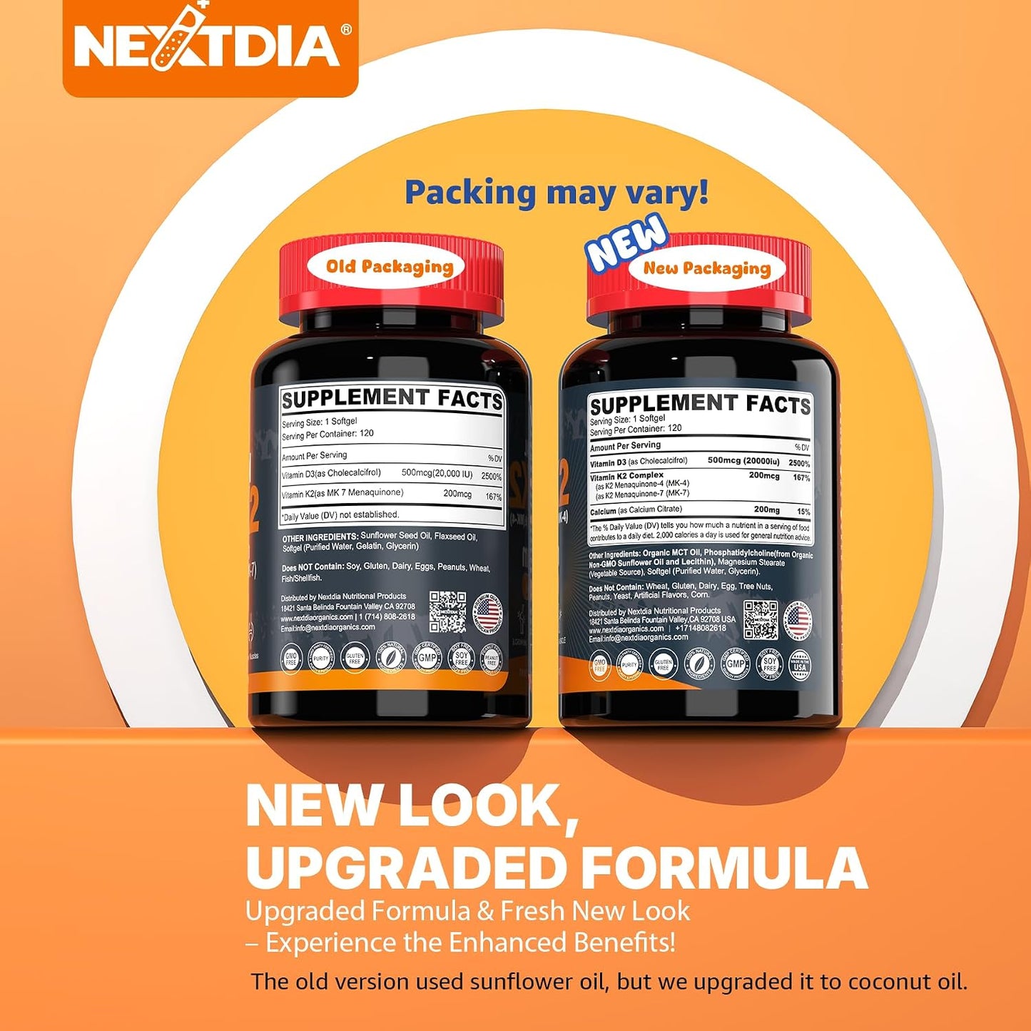 Nextdia Vitamin D3 20,000 IU + K2 (MK-4 & MK-7) with Calcium Citrate – Bone & Muscle Support, 240 Softgels (2 Pack) - görsel 2