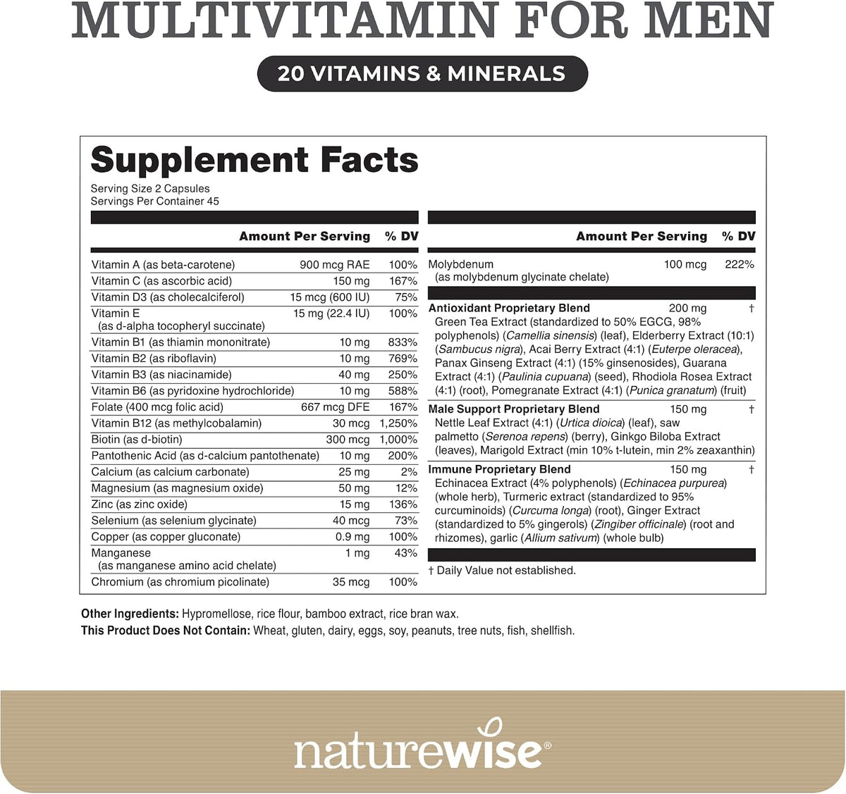 NatureWise Multivitamin for Men - Daily Male Support - Minerals & Herbs for Energy, Performance, Immunity - with Vitamin A, C, D, B-Complex - Soya & Gluten-free, Non-GMO - 90 Capsules (45-Day Supply) - görsel 3