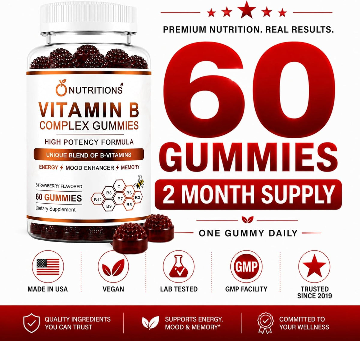 O Nutritions Vitamin B Complex Gummies for Women and Men - B12, Biotin, Folate, Vitamin C - Energy, Mood and Memory Support - Hair, Skin and Nails - Vegan Strawberry Gummies, 60 Count - görsel 4