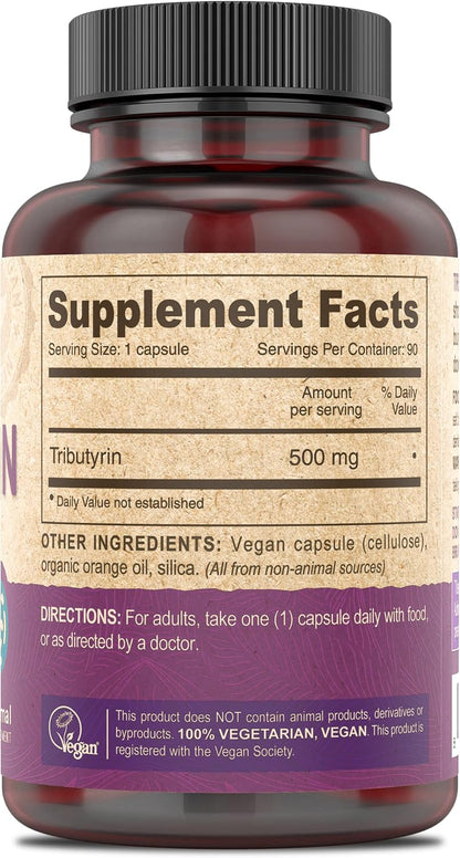 DEVA Vegan Tributyrin Supplement - Butyrate Precursor, Gut Barrier Support, 500 mg, 90 Vegan Capsules