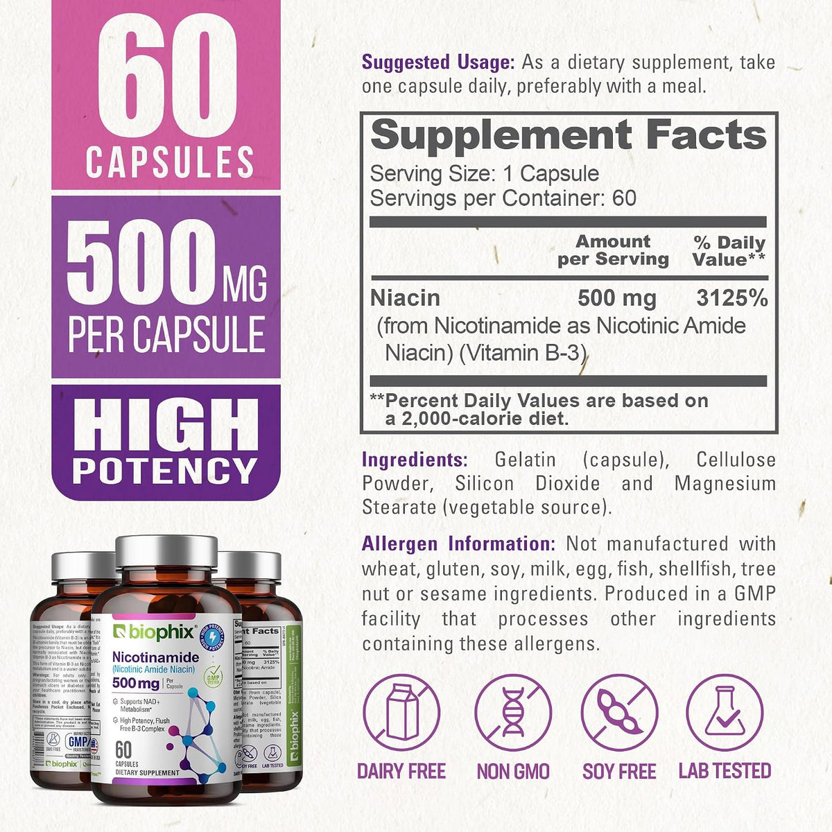 biophix B-3 Nicotinamide 500 mg 60 Caps – Nicotinic Amide Niacin Natural Flush-Free Vitamin Formula – Image 4