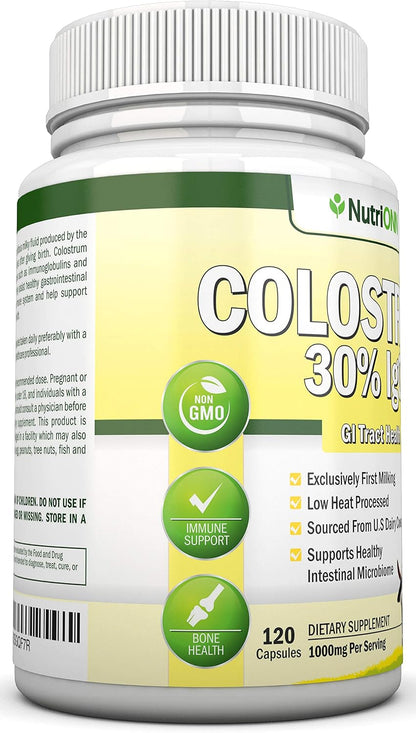 NutriONN Colostrum 1000mg - 120 Capsules | 30% IgG | Non-GMO | First Milking Bovine Colostrum