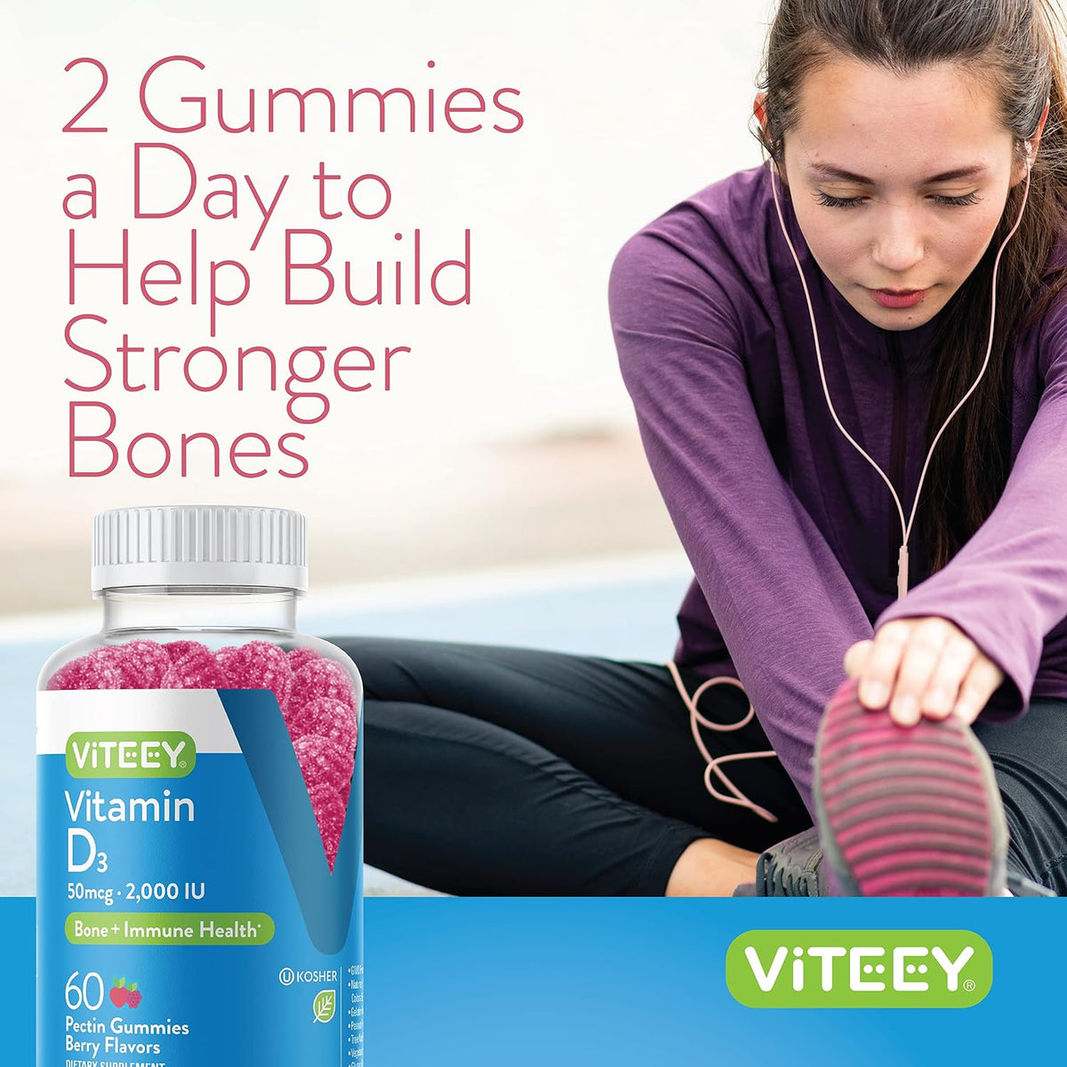 Viteey Vitamin D3 Gummies for Adults & Teens – 2000 IU – Immune & Bone Health – Berry Flavour – 60 Count - görsel 6