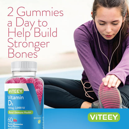 Viteey Vitamin D3 Gummies for Adults & Teens – 2000 IU – Immune & Bone Health – Berry Flavour – 60 Count