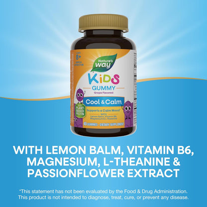 Nature's Way Kids Cool & Calm Gummies, Lemon Balm, Magnesium, Vitamin B6, L-Theanine, Grape Flavoured, 40 Count