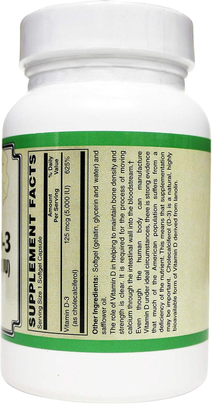 AlchePharma Vitamin D3 125 µg (5,000 IU) from Lanolin in a Base of Safflower Oil – 250 Softgels