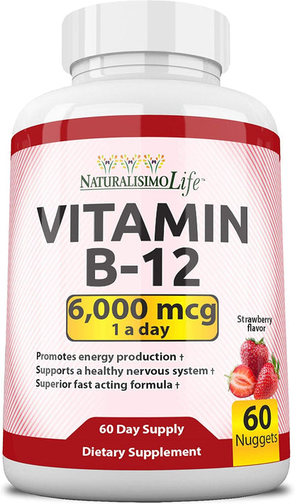 NaturalisimoLife Vitamin B12 6,000 mcg Quick Dissolve Strawberry Nuggets (60 Nuggets)