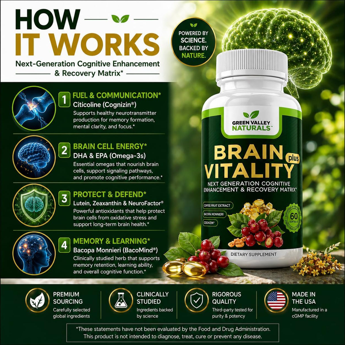 GREEN VALLEY NATURALS Brain Vitality Plus – Brain Health & Cognitive Support with Cognizin Citicoline, Bacopa Monnieri & DHA Omega-3 (60 Soft gel capsules) - görsel 4