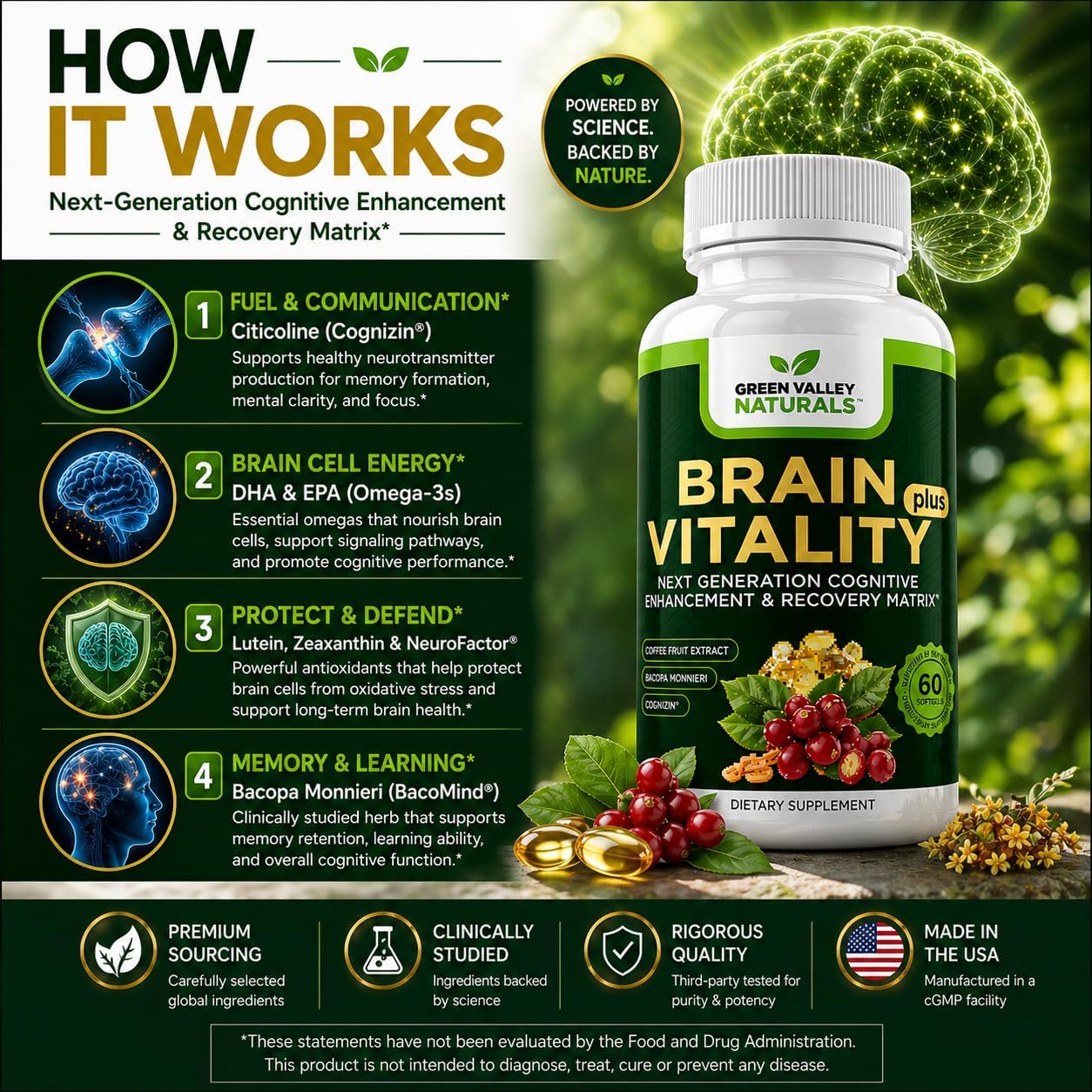 GREEN VALLEY NATURALS Brain Vitality Plus – Brain Health & Cognitive Support with Cognizin Citicoline, Bacopa Monnieri & DHA Omega-3 (60 Soft gel capsules) - görsel 4