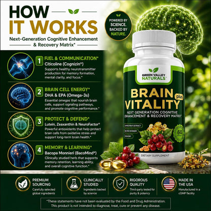 GREEN VALLEY NATURALS Brain Vitality Plus – Brain Health & Cognitive Support with Cognizin Citicoline, Bacopa Monnieri & DHA Omega-3 (60 Soft gel capsules)