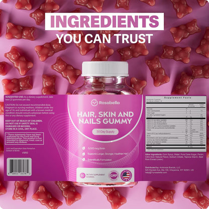 Rosabella Biotin Gummies – 5000mcg Food Supplement for Hair, Skin and Nails