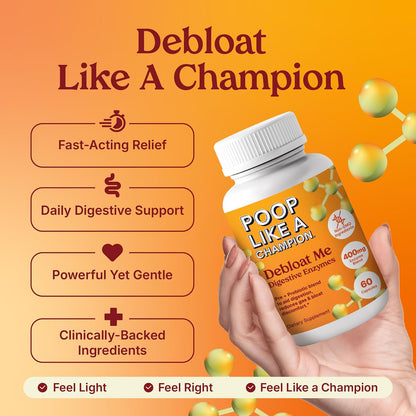 Poo Like a Champion Bloating Relief Digestive Enzymes, Probiotic-Powered Capsules, 60 Capsules