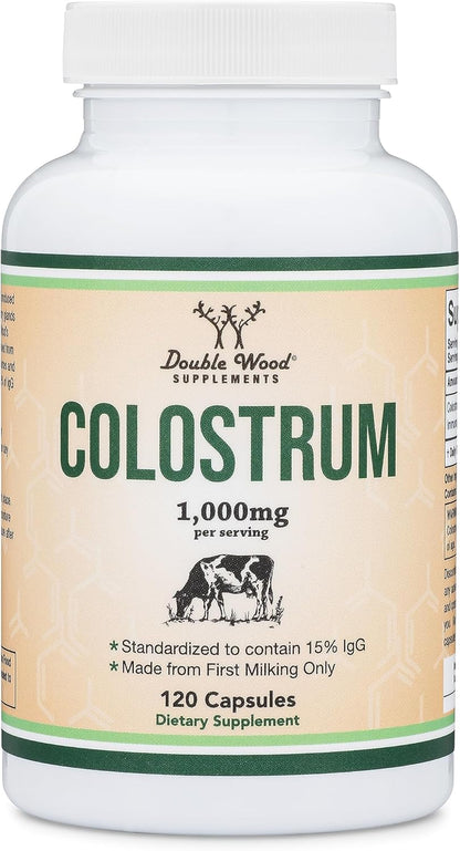 Double Wood Bovine Colostrum Supplement – 1,000 mg per Serving, 15% IgG, 120 Capsules