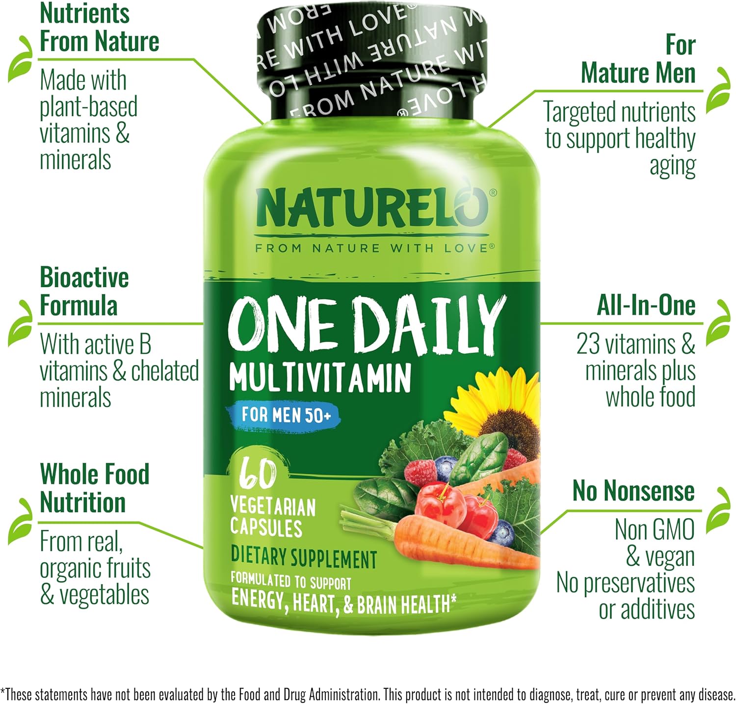 NATURELO Men's Multivitamin for Men 50+ – One Daily with Organic Whole Foods, 60 Capsules - görsel 4