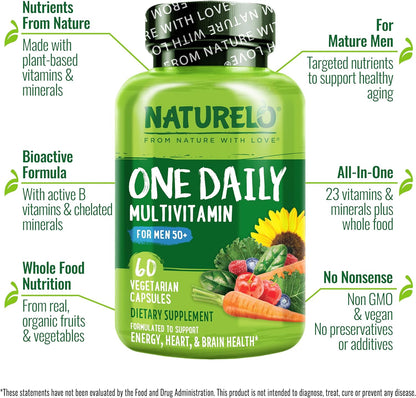 NATURELO Men's Multivitamin for Men 50+ – One Daily with Organic Whole Foods, 60 Capsules