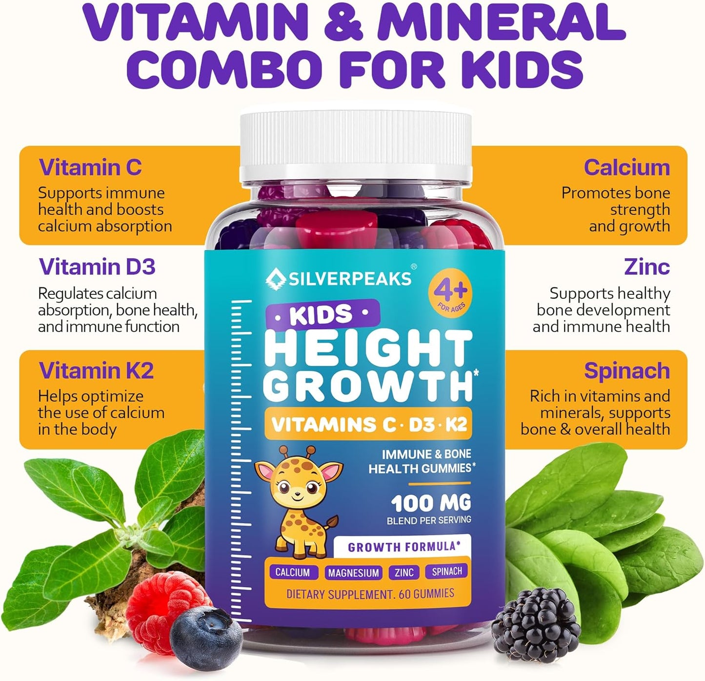 Height Growth Gummies for Children - Growth Vitamins for Teens, Height Increase Multivitamin with Calcium, Vitamin D3, K2, Magnesium, Zinc, 60 Count - görsel 3