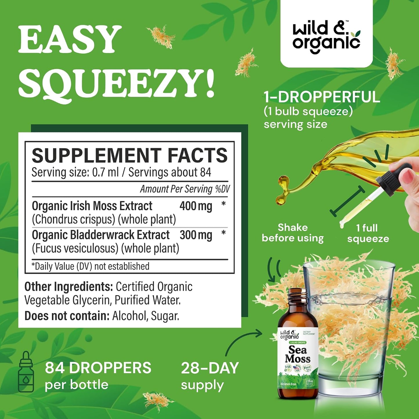 Wild & Organic Sea Moss Liquid Drops - Immune Support - Irish Sea Moss and Bladderwrack Tincture - Multimineral Chondrus Crispus Supplement - Vegan, Sugar & Alcohol-Free - 60 ml - görsel 3