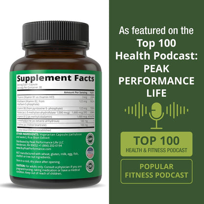 Peak Performance Methylated Multivitamin B Complex – L Methylfolate, Methylcobalamin, TMG | Vegan MTHFR Supplement