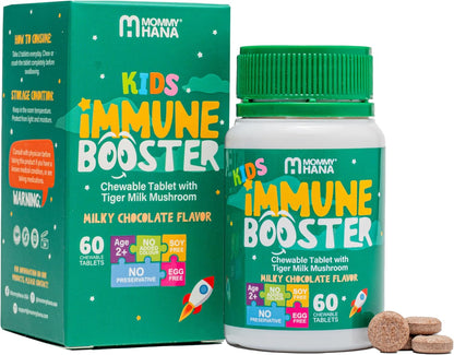 MOMMY HANA Immune Support for Kids – Vitamin D, Tiger Milk Mushroom, Colostrum, Prebiotic – 60 Chocolate Chewable Tablets