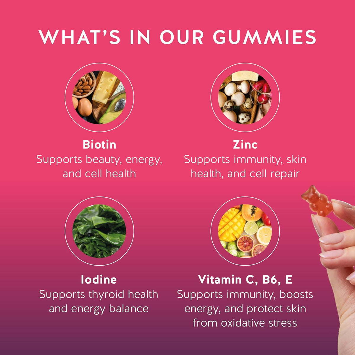 Biotin Gummies for Hair, Skin and Nails. 5,000 mcg High Potency Vegan Vitamins for Normal Hair and Nails and Healthy Skin. with Vitamins C and E, 90 Gummies - görsel 3