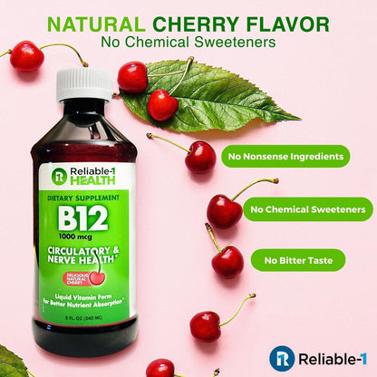 Reliable-1 Laboratories Liquid Vitamin B12 Daily Supplement 1000mcg for Adult Men & Women - Natural Cherry Flavour