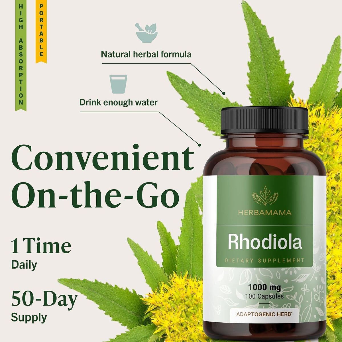 HERBAMAMA Rhodiola Rosea Supplement – Rhodiola Rosea Capsules for Stress Relief & Mental Focus Support – 100 Vegan Capsules (50 Servings) - görsel 6