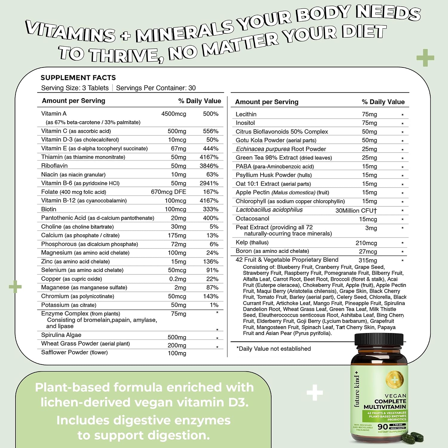 Future Kind Vegan Multivitamins Complete - 42-in-1 Multivitamin for Women and Men with Enzymes, B12, Zinc, and Probiotics (90 Tablets) - görsel 5