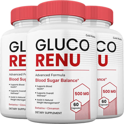 GlucoRenu Capsules, Maximum Strength All Natural Food Supplement, 60 Capsules (Pack of 3)