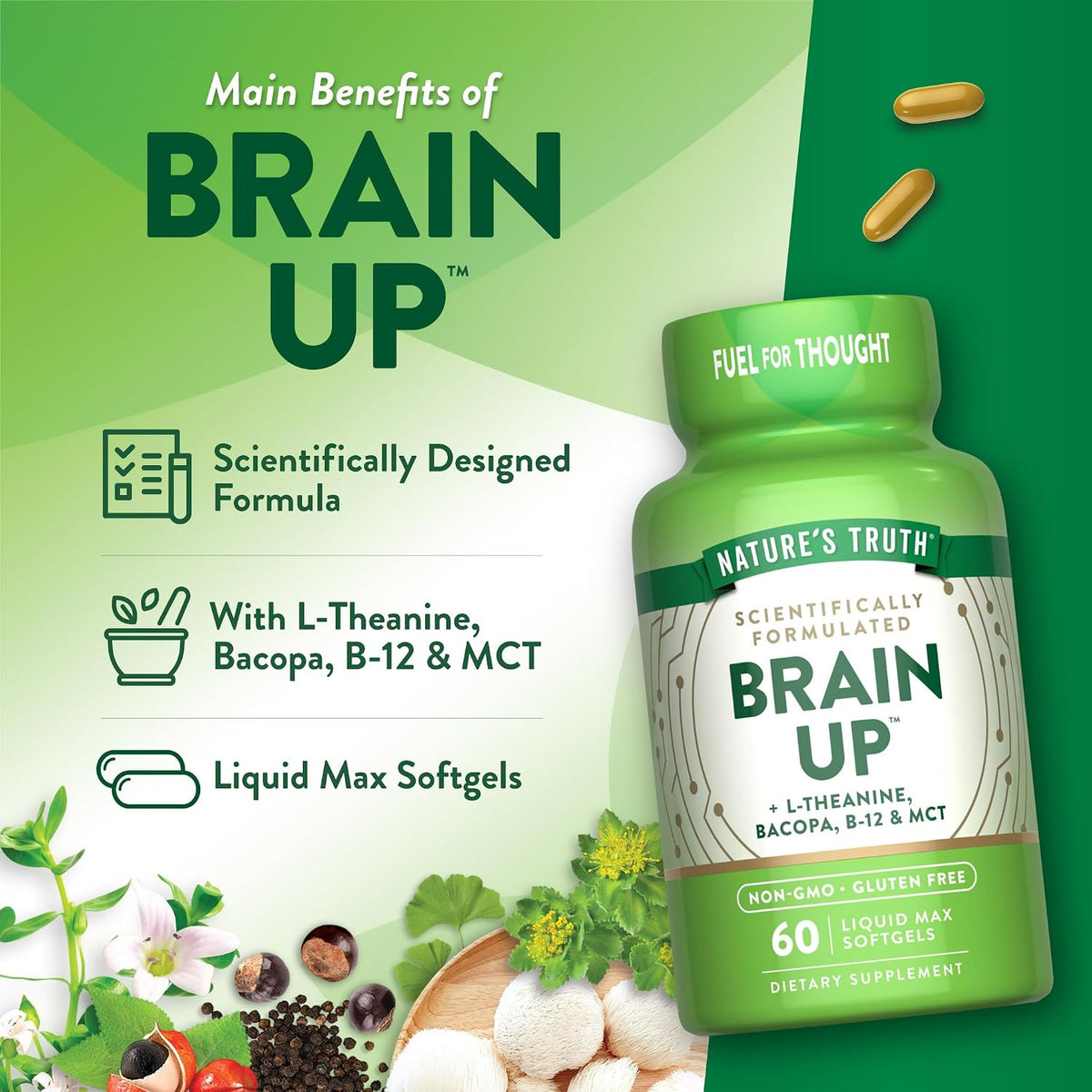 Nature's Truth Brain Up Softgels with L-Theanine, Bacopa, B-12 & MCT - 60 Count - görsel 5