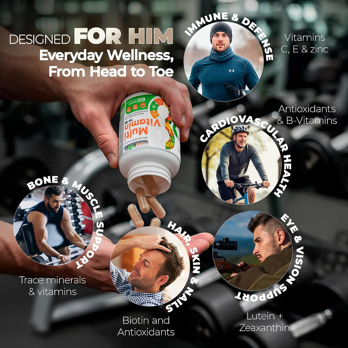 LiveGood Bio-Active Complete Multivitamin for Men - 60 Capsules - görsel 3