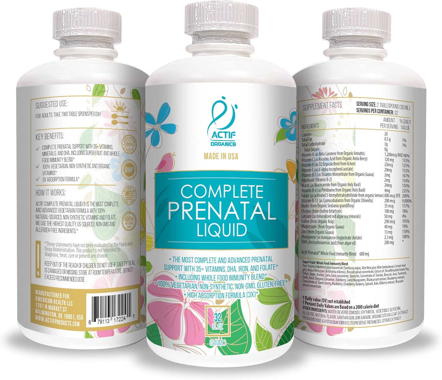 ACTIF Organic Complete Antenatal Liquid with 35+ Vitamins and Organic Herbs, with DHA and Choline, Non-GM, Made in the USA, 946ml - görsel 4
