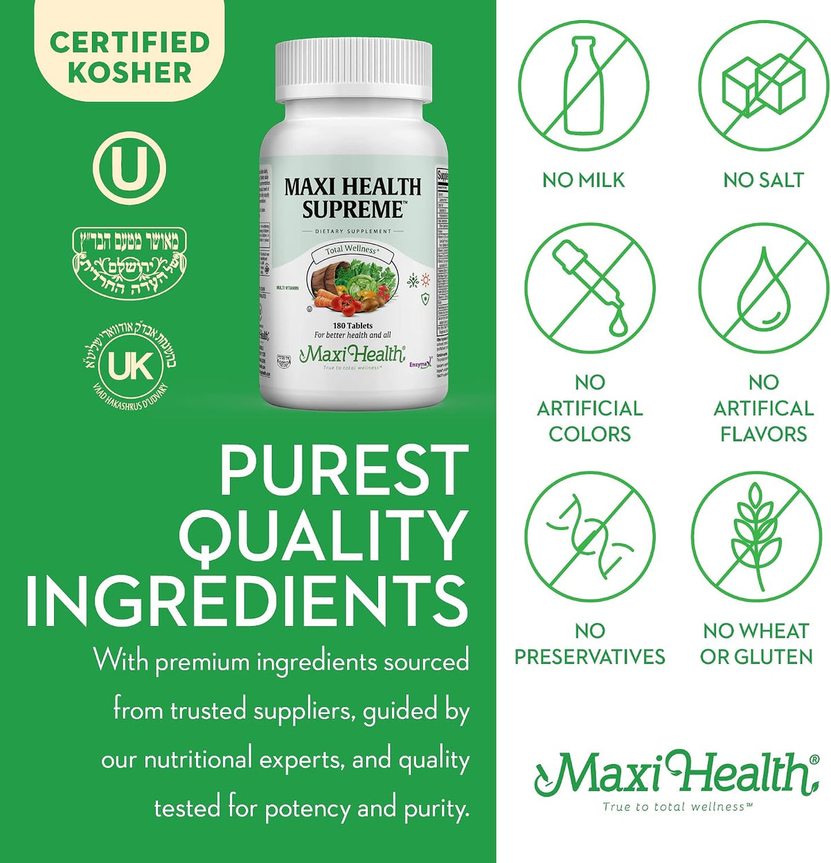 Maxi Health Supreme – High Potency Daily Multivitamin with Minerals, CoQ10 and Antioxidants for Men and Women (180 Tablets) - görsel 7