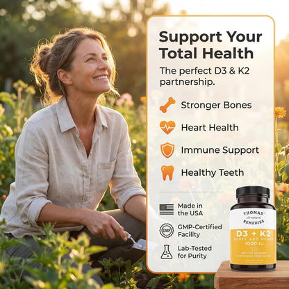 Thomas' All-Natural D3 + K2 with MCT Oil & Raw Whole Food Blend, 1000 IU, Vegan, 120 Soft gel capsules