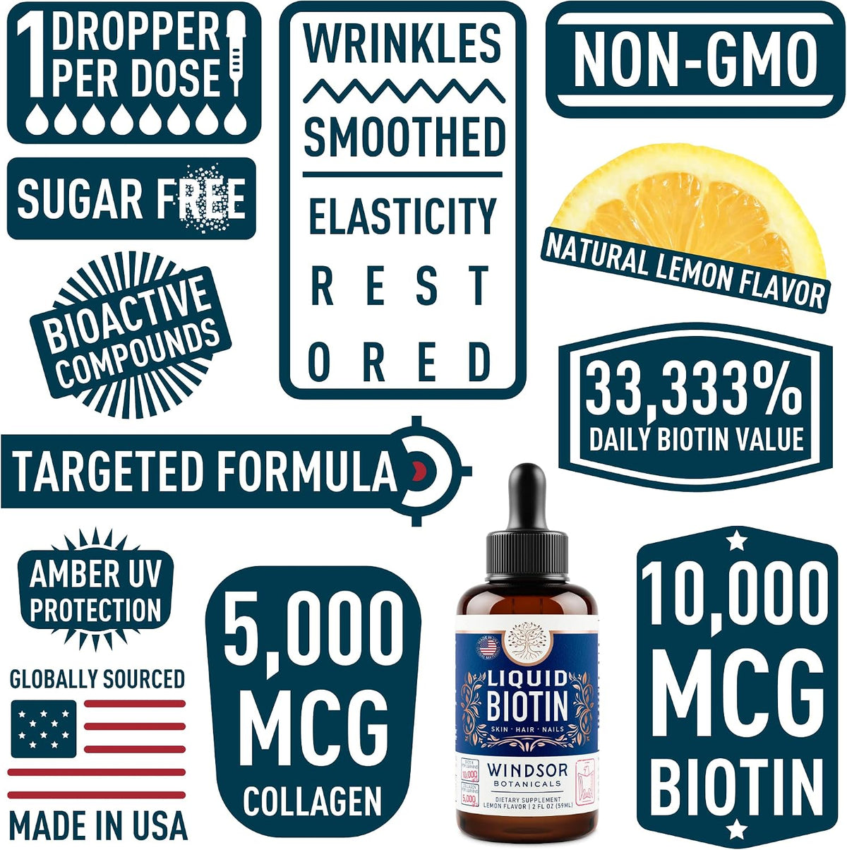WINDSOR BOTANICALS Liquid Biotin and Collagen Drops - 10,000mcg Biotin + 5,000mcg Hydrolysed Collagen Types I & III - Lemon Flavour - 60 ml - görsel 6