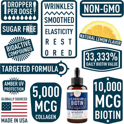 WINDSOR BOTANICALS Liquid Biotin and Collagen Drops - 10,000mcg Biotin + 5,000mcg Hydrolysed Collagen Types I & III - Lemon Flavour - 60 ml