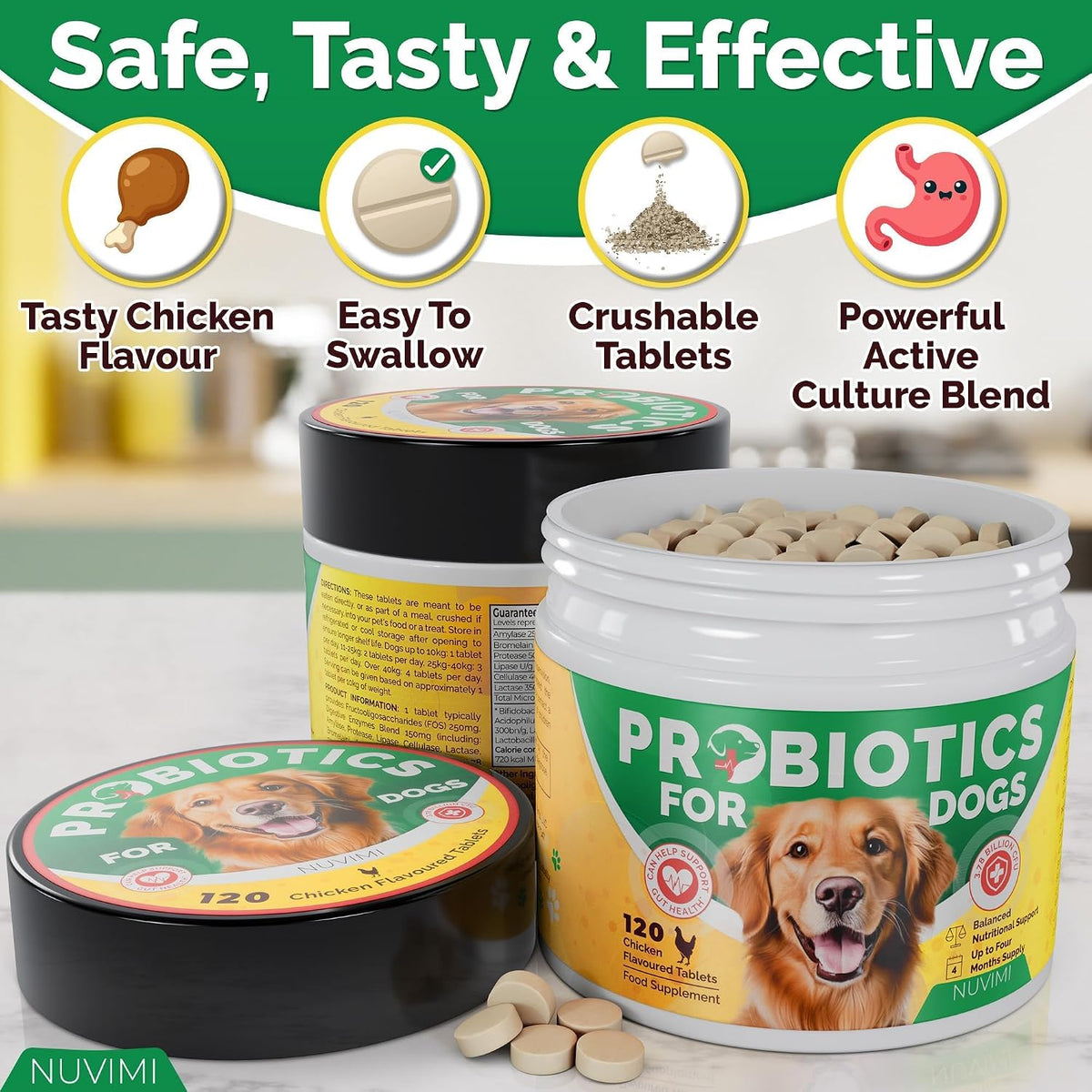 NUVIMI Probiotics for Dogs - 120 Chicken Flavour Tablets with Prebiotics - görsel 4