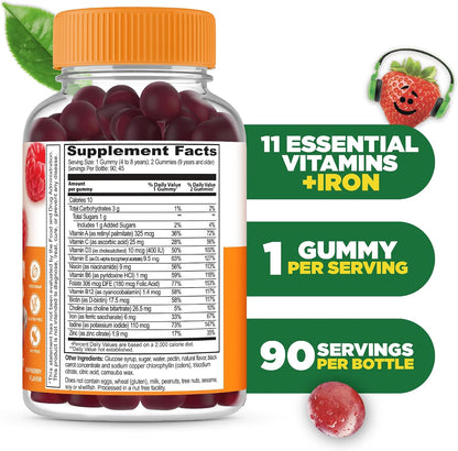 Lifeable Kids Multivitamin with Iron Gummies | Great Tasting Vitamins for Kids | Vegetarian Non-GMO Childrens Multivitamin | 90 Gummies