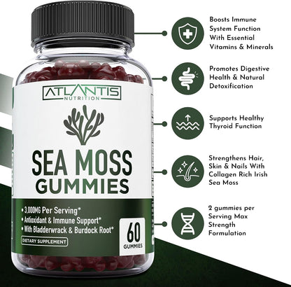 Irish Sea Moss Gummies - 3000mg - Sea Moss, Bladderwrack & Burdock Root - Antioxidant Superfood Supplement, 60 Gummies
