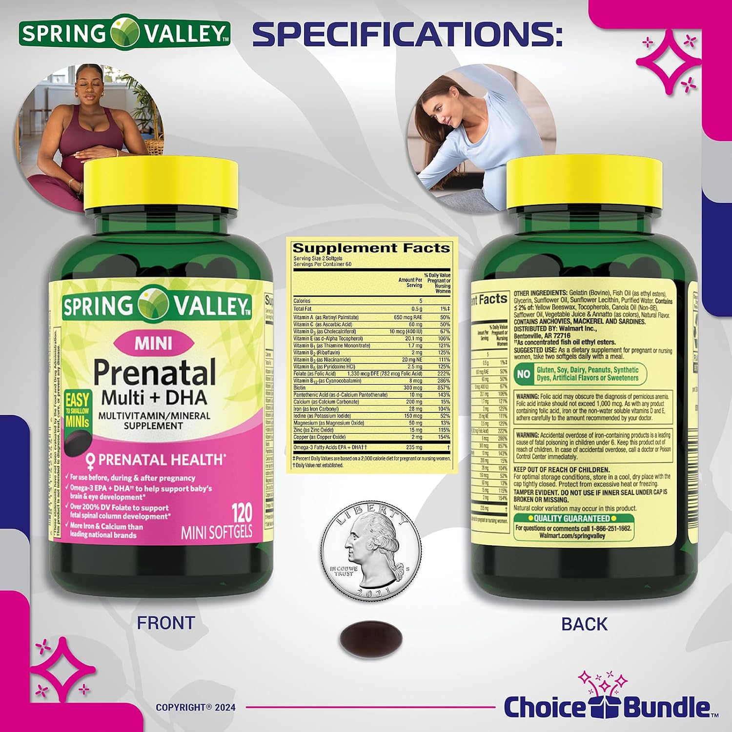 Spring Valley Prenatal Multi + DHA Complete Multivitamin Food Supplement – 2 Bottles of 120 Mini Soft gel capsules with Bonus Guide & Pill Container - görsel 3