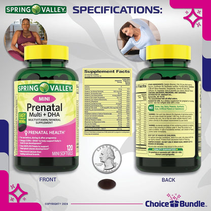 Choice Bundle Spring Valley Prenatal Multi + DHA Complete Multivitamin Multimineral Supplement Mini Soft gel capsules, 120 Capsules with Vitamin Guide & Pill Container