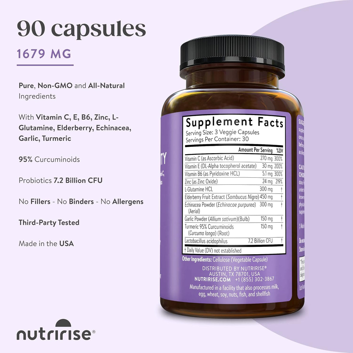 NutriRise Immunity Complex: Immune Support Supplement with Elderberry, Vitamin C, Zinc, Probiotics - 90 Count - görsel 3
