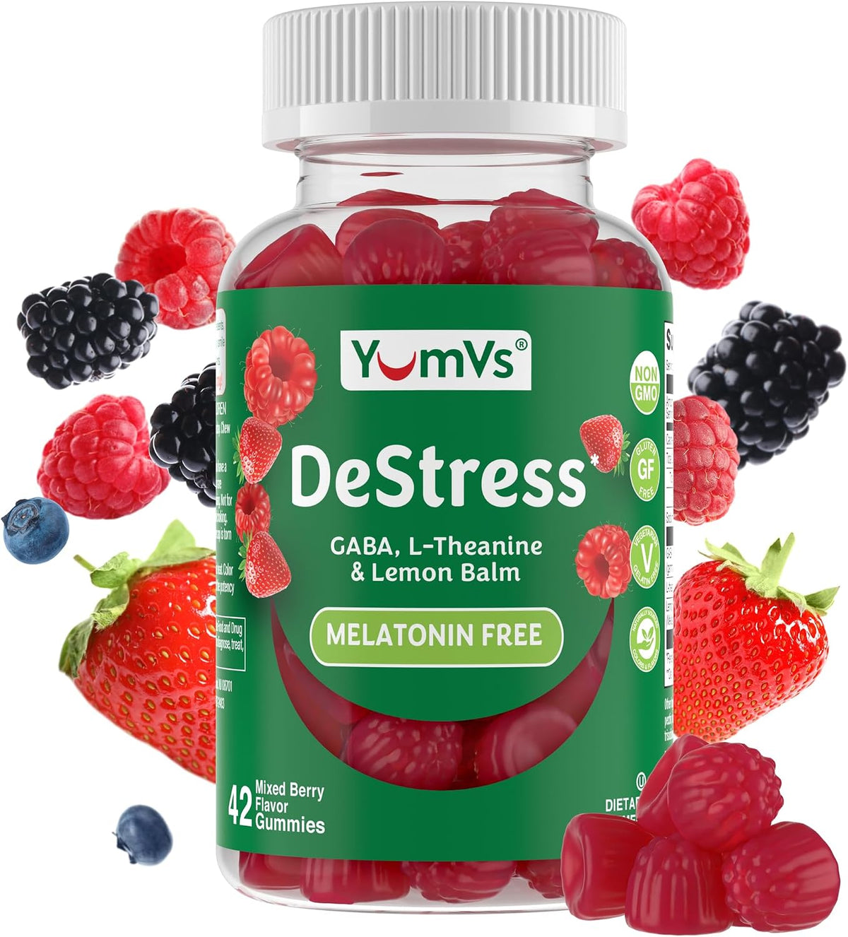 YumV's De-Stress Gummies with GABA, L-Theanine, and Lemon Balm, Mixed Berry, 42 Count - görsel 1