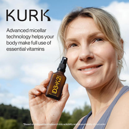 Kurk Vegan Vitamin D3 K2 Spray - 3000IU D3 & K2 MK-7, Plant-Based, Mint (30ml)