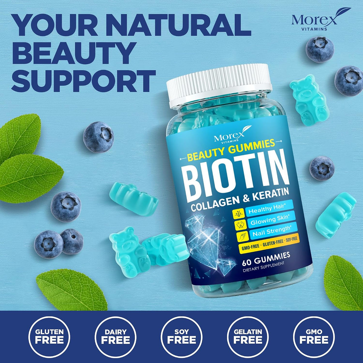 Biotin Gummies with Collagen & Keratin – Hair Strength Support, Skin and Nail Vitamins for Women & Men – Vitamin B7 + B-Complex, MSM, Bamboo Extract – Beauty Chew Supplement – 60 Gummy Bears - görsel 7