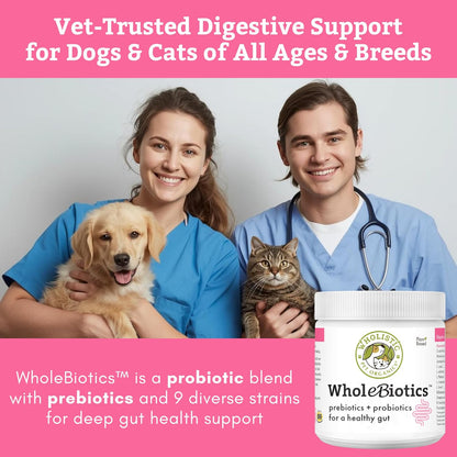 Wholistic Pet Organics WholeBiotics - Daily Dog Probiotics for Digestive Health Support & Immune Boost - 9 Strains - Prebiotics & Probiotics for Dogs & Cats - Gut Health for Dogs - 85g - 85 Scoops