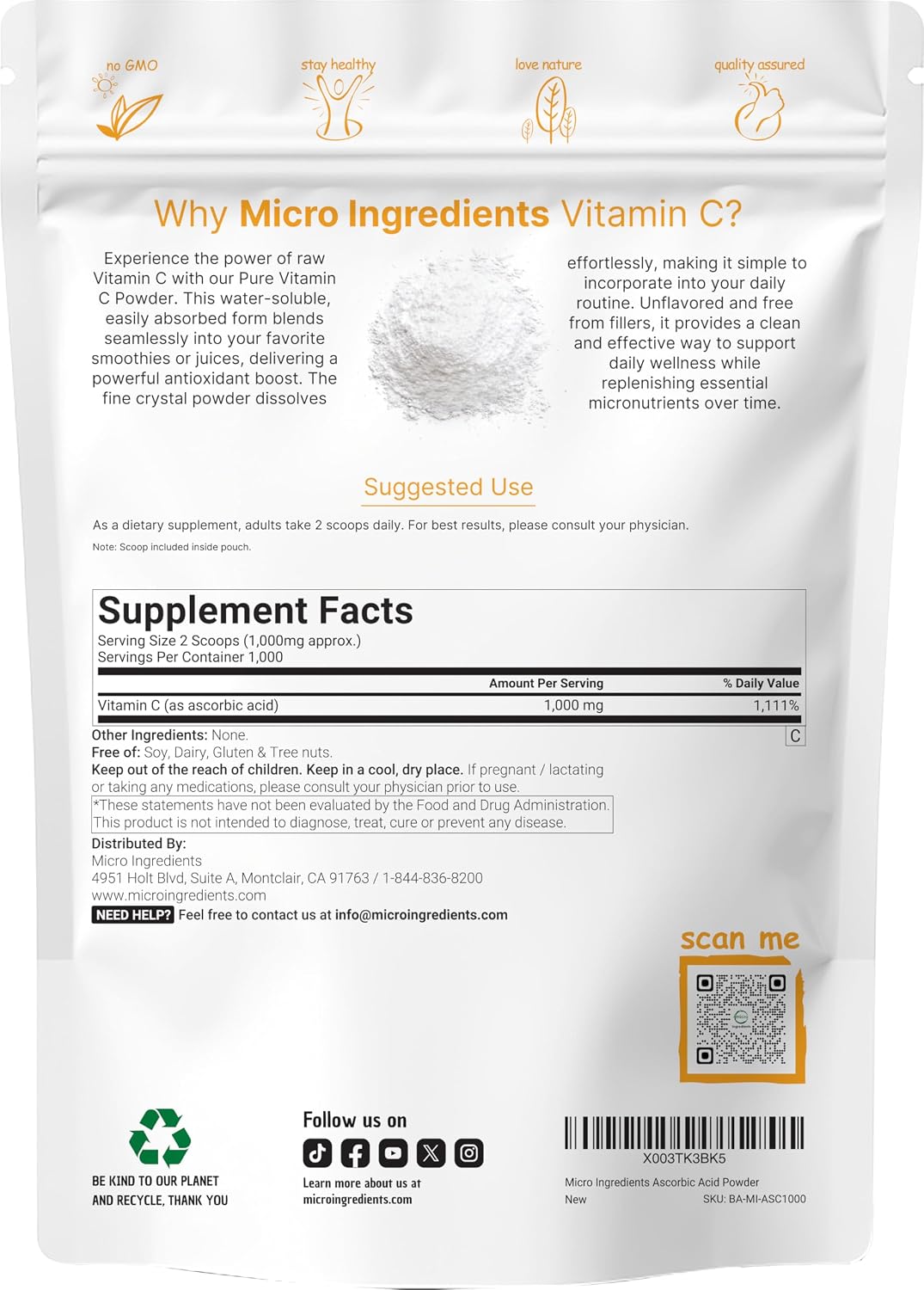 Micro Ingredients Pure Vitamin C Powder (1 kg) - Unflavoured Ascorbic Acid Supplement - görsel 2
