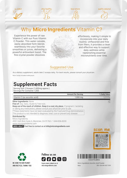 Micro Ingredients Pure Vitamin C Powder (1 kg) - Unflavoured Ascorbic Acid Supplement